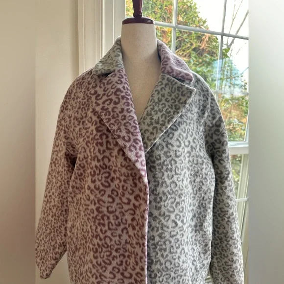 ASOS DESIGN PETITE Mix Gray Pink Leopard Cheetah Animal Print Brushed Coat - Picture 6 of 14